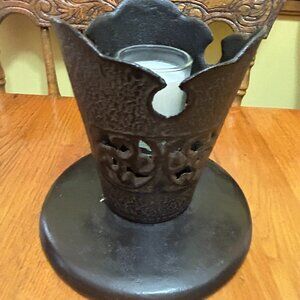 Unusual metal Toyo brand brown two piece candle holder